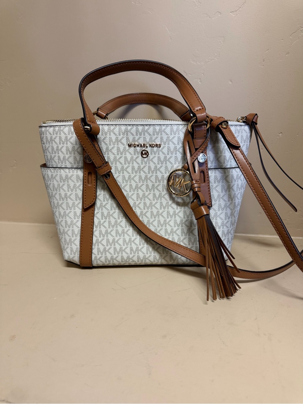 Michael Kors White MK Logo Satchel with Brown Leather Trim